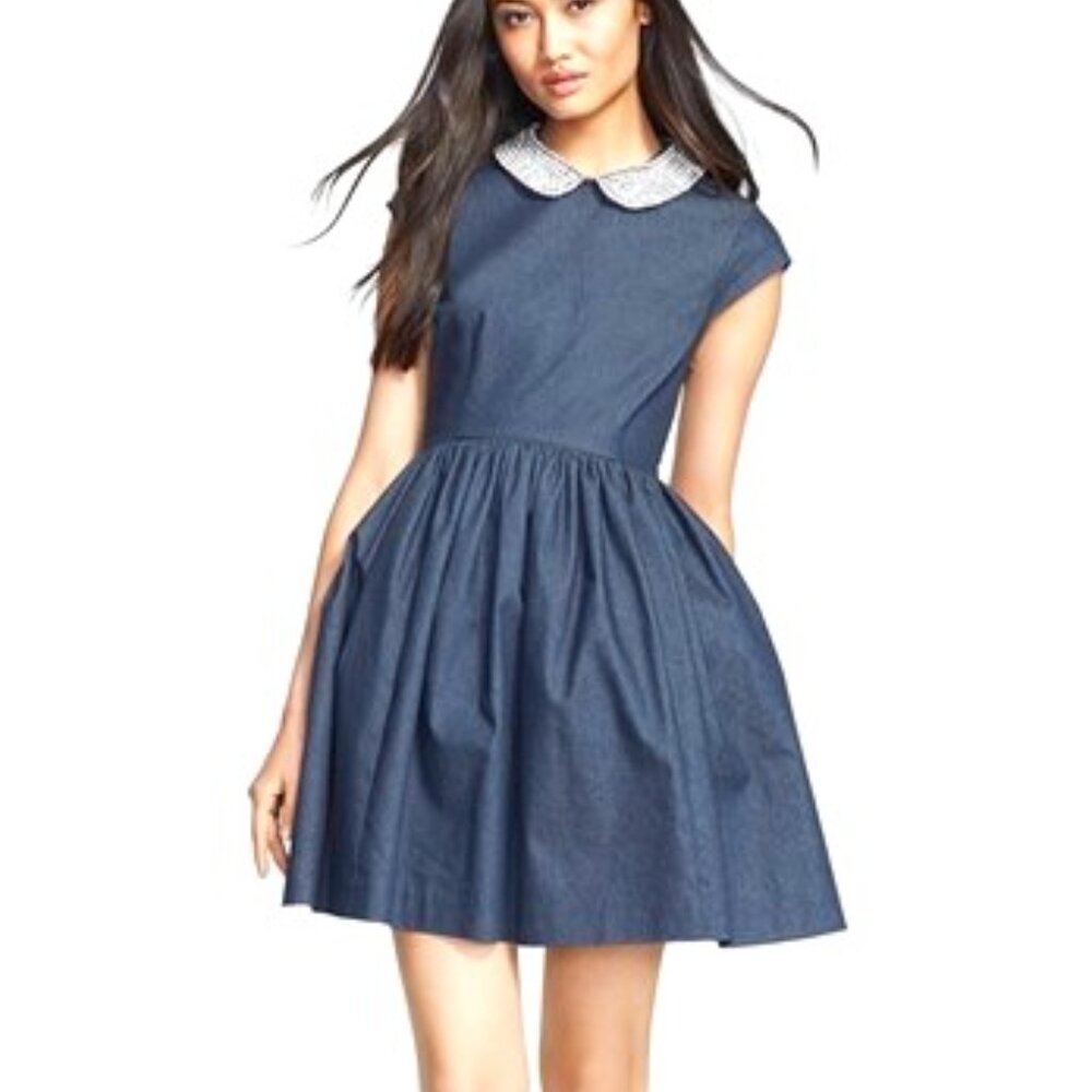 Kate Spade Kimberly Embellished Peter Pan Collared Denim Dress Sz 6